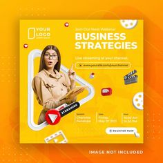 a yellow business flyer with a woman holding a clipboard and pointing to the side