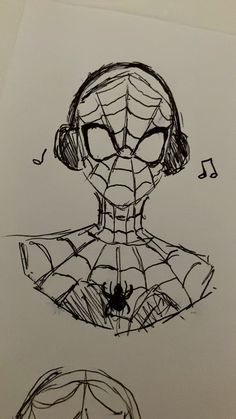 two drawings of spider - man and woman's heads with music notes in the background