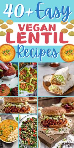 the cover of 40 easy vegan lentil recipes, with pictures of sandwiches and salads