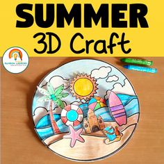 a paper plate with the words summer 3d craft on it and an image of a beach scene