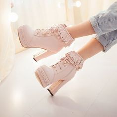 Japanese sweet lolita short boots Flower Heels, Dr Shoes, High Heeled Boots, High Heels Boots, Kawaii Shoes, High Shoes, Heels Boots