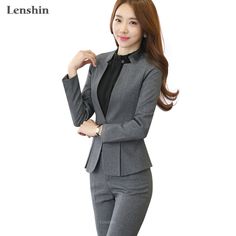 2 Piece Gray Pant Suits Formal Ladies Office OL Uniform Designs Women Elegant Business Work Wear Gray Uniform, Formal Pant Suits, Trousers For Girls, Suits Formal, Work Wear Office, Ladies Office, Formal Blazer, Plus Size Work, Uniform Pants