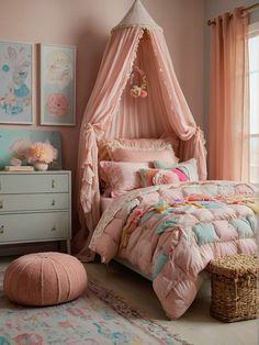 a pink bedroom with a canopy bed and pillows