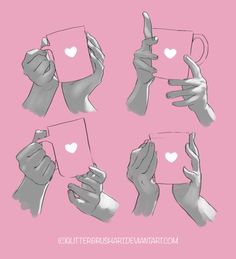 hands holding coffee mugs with hearts drawn on the side and inside, in different positions