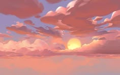 a painting of the sun setting over some clouds in the sky with pink hues