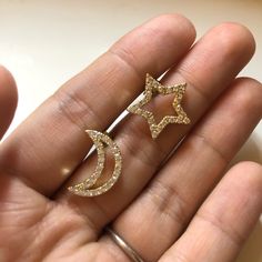 Brand New 14k Gold Plated Moon & Star Asymmetrical Stud Earrings Full Moon Stud Earrings, Fulani Earrings, Large Drop Earrings, Rabbit Earrings, Seashell Earrings, Bling Earrings, Plastic Earrings, Rose Quartz Earrings, Clover Earrings