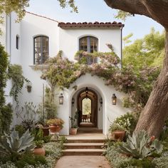 a white house with lots of plants and trees