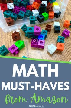 a plastic container filled with legos and the words math must - haves written on it