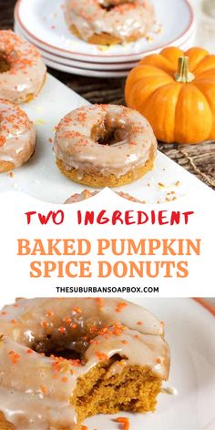 two ingredient baked pumpkin spice donuts with icing and sprinkles