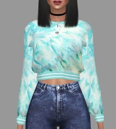 a woman with black hair wearing jeans and a crop top