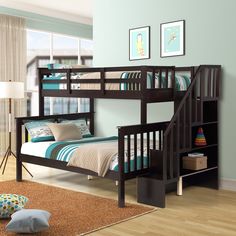 a bunk bed with stairs is shown in this room