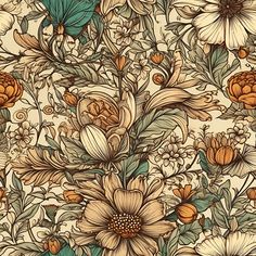 an image of a floral pattern with flowers and leaves on the background in brown, beige and green colors