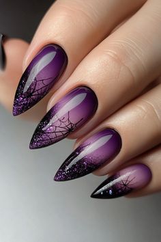 Halloween Ombre Nails Acrylic, Spooky Nails Purple, Halloween Purple Nails, Halloween Ombre Nails, Purple Halloween Nail Designs, Elegant Halloween Nails, Halloween Nails Purple, Mystical Nails, Purple Halloween Nails