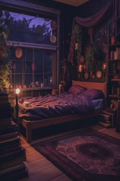 a room with a bed, bookshelf and plants on the window sill