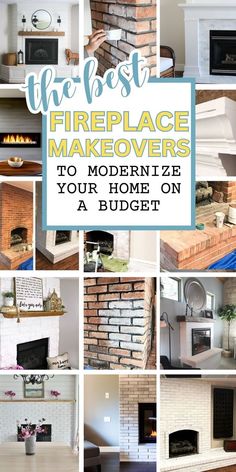 collage of best fireplace makeovers. Half Wall Brick Fireplace Makeover, Fireplace Wall Makeover Before And After, Adding A Mantel To A Fireplace, Small Brick Fireplace Ideas, How To Change Fireplace Mantle, Cover Brick Fireplace With Shiplap, Brick Whitewash Fireplace, Farmhouse Brick Fireplace Ideas, Refresh Brick Fireplace