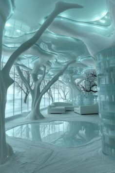 the interior of an ice - covered room with trees and couches in front of it