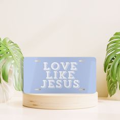 a blue plaque with the words love like jesus on it next to a potted plant