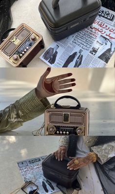 an image of a woman holding a radio in one hand and the other with her arm outstretched