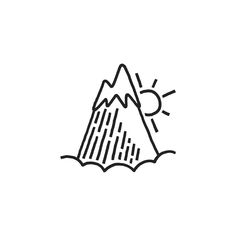 a black and white line drawing of a mountain with sun coming out from the top