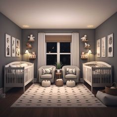 a baby's room with two cribs in it