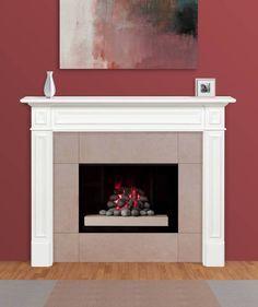 a white fireplace with red flames in the middle and a painting on the wall above it