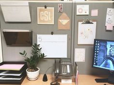 an office cubicle with a telephone, plant and computer monitor