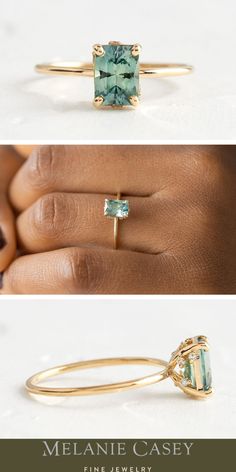 two different views of an engagement ring with blue topazte and green tourmaline