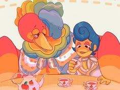 two cartoon characters sitting at a table with tea cups