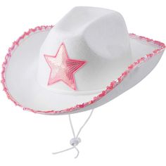 PRICES MAY VARY. Felt WHITE FELT COWGIRL HAT WITH SEQUINS STAR: Every order includes One White Felt Cowgirl Hat that features a wide turn up style brim, Pink Sequins Star on the front, a matching Pink Rim and adjustable white neck-string. You'll be sure to round up a ton of compliments with this cute White cowgirl hat! ONE SIZE FITS MOST: A great hat for dress up or wear out this felt cowboy hat fits most older kids, teens, and adults. The inside size is 22" in circumference. Inside dimensions m White Cowgirl Hat, Kids Halloween Birthday Party, Traje Cowgirl, Toddler Costumes Girl, White Cowboy Hat, Pink Gingham Dress, Pink Cowboy Hat, Princess Hat, Jeans West