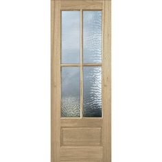 a wooden door with glass on the top and bottom panel, in light brown wood