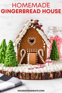 homemade gingerbread house with candy canes and peppermint trees in the background