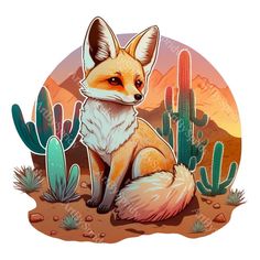 a fox sitting in the desert surrounded by cacti