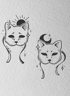 an ink drawing of two cats with the moon and stars on their heads, one cat has