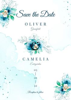 save the date card with flowers and leaves on blue watercolor paint background for wedding or special event