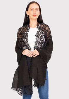 Crafted from a very comfortable and light blend of linen and modal, this wispy black scarf is emboldened with a substantial tonal black leaf patterned lace giving it a distinctive yet utterly feminine look. A gorgeous accessory to any day time wear. Elegant Black Lace Shawl, Elegant Black Shawl For Fall, Black Leaves, Day Time, Black Scarf, Lace Border, Day And Time, New Launch, Feminine Look