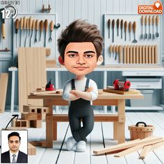 a cartoon character sitting at a table with tools on it and an image of a man in the background