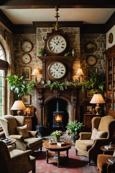 a living room filled with lots of furniture and clocks on the wall above it's fireplace