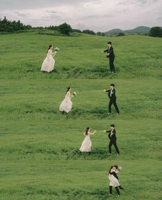 the bride and groom are playing with each other on the grass in their wedding day