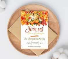 a thanksgiving party card with pumpkins and autumn leaves on it next to cotton balls