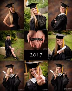 a collage of photos with graduation caps and gowns holding their hands in the air