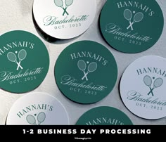 six green and white business stickers with tennis rackets on them