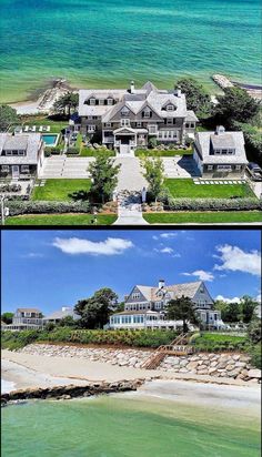 an aerial view of a large house next to the ocean and another photo of a beachfront home