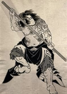 an ink drawing of a man holding two swords