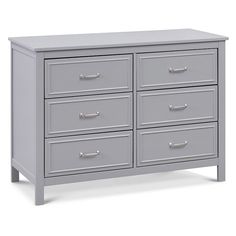 a gray dresser with four drawers and two doors on each side, in front of a white background