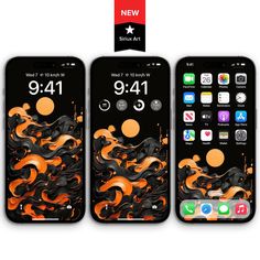 three iphones with different designs on them, one is orange and the other is black