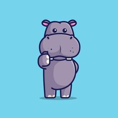 a cartoon hippo is standing with his arms crossed and looking at the camera, on a blue background