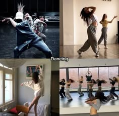 four different pictures of people doing various dances