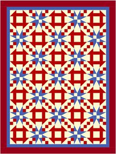 a red, white and blue quilt with squares