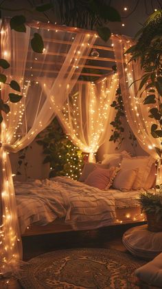 a bed with lights on the headboard and canopy over it, surrounded by greenery