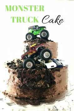 a cake with monster trucks on top and the words monster truck cake written below it